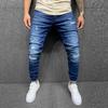 Men Striped Zipper Denim Hole  Vintage Wash Hip Hop Work Trousers Jeans Pants