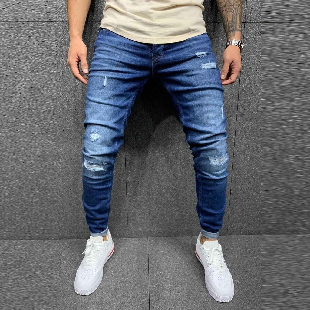 Men Striped Zipper Denim Hole Vintage Wash Hip Hop Work Trousers Jeans Pants