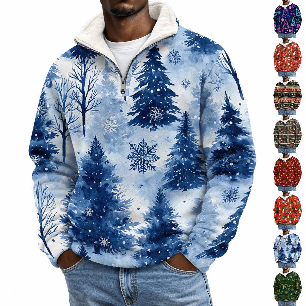Men's Fall Winter Flannel Christmas Print Sweatshirt for Casual and Holiday Wear