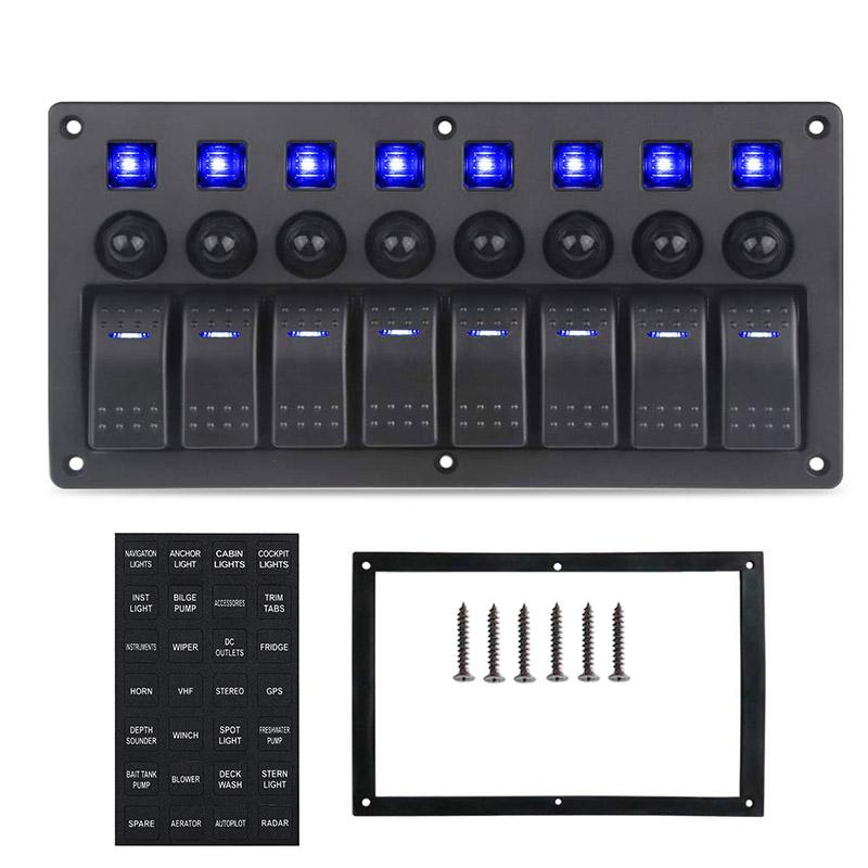 8 Gang Rocker Switch Panel For Jeep Boat Marine Car 12V 24V Waterproof On-Off 5pin 12v Led Panel Switch With Sticker Set