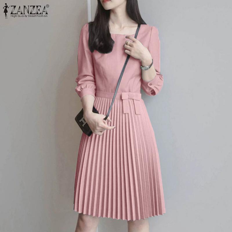 ZANZEA Women Square Neck Casual Long Sleeve Pleated Dress