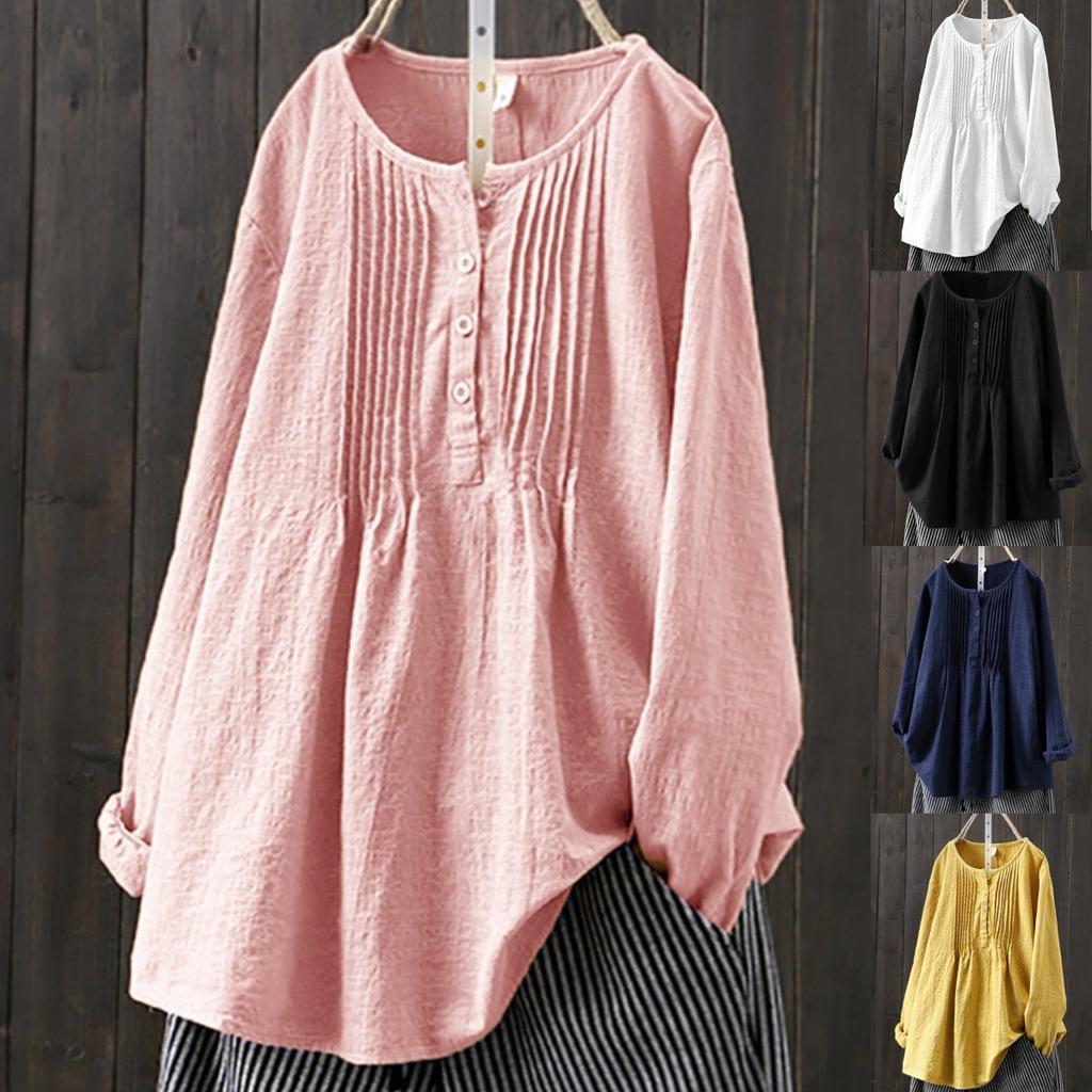 Kvinner Høst Uformell Langermet O-hals Løs Bluse Vintage Harajuku Solid skjorte i bomull og lin Oversized topper