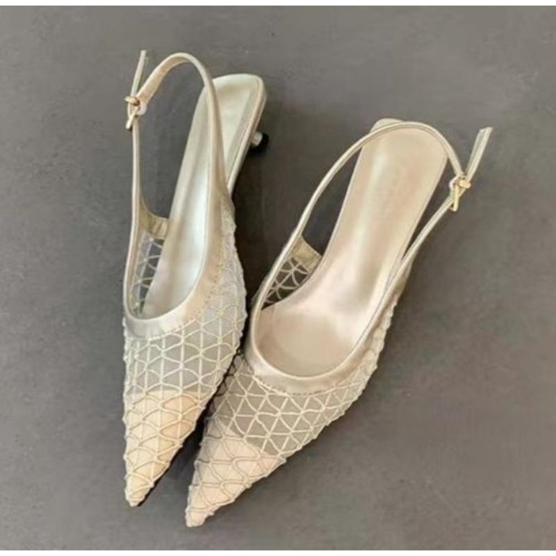 Luxury Mesh Women Heeled Sandals Designer Mid Heels Shoes Woman Slides Summer New Style Popular Elegant Walking Sandals