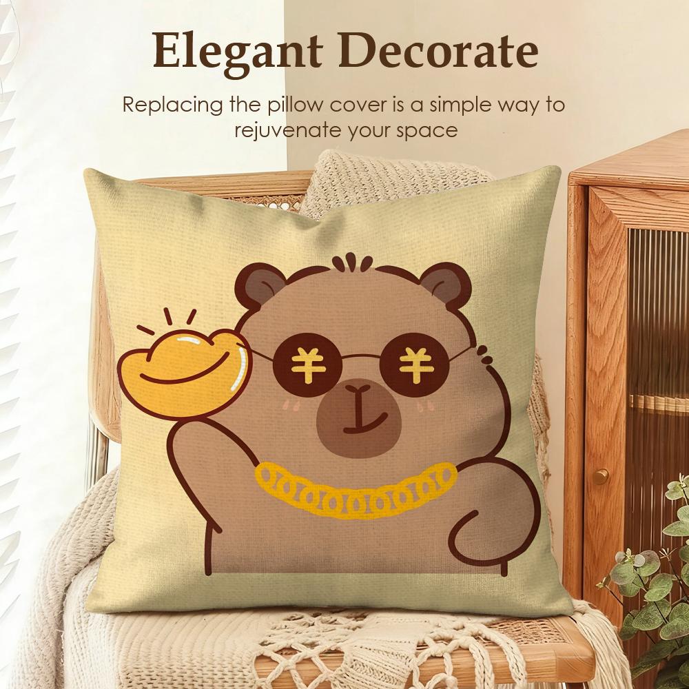 Cute Caybara Cushion Cover Natural Linen Organic Fabric DoubleSided Printing Sofa Home Decor Gift Pillow Case