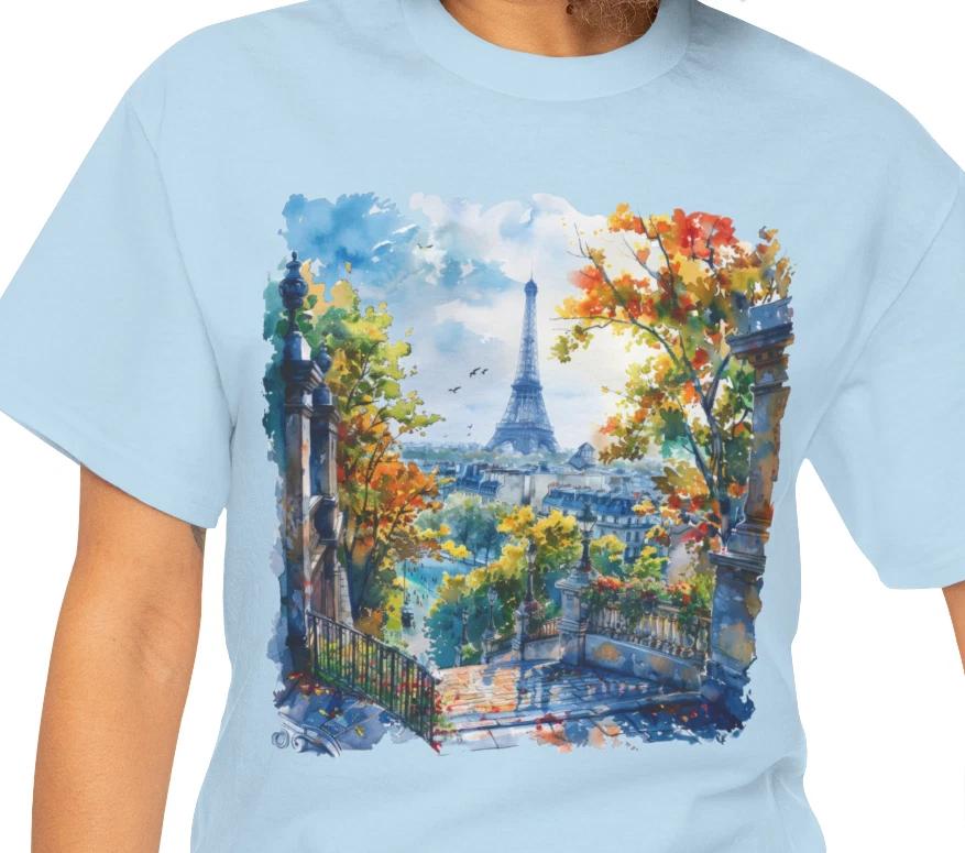 Paris Eiffel Tower Watercolor Scene T shirt | Cityscape, Autumn Trees 3XL