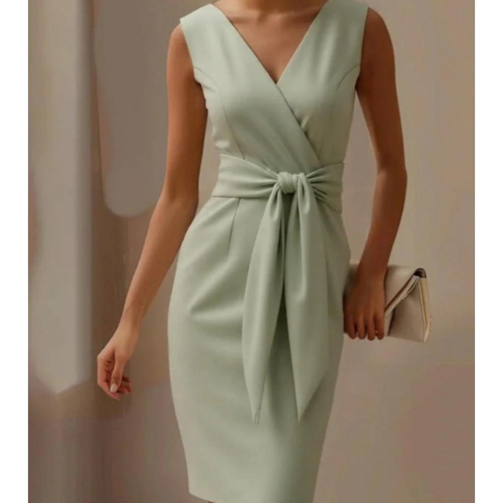 Women's Round Neck Sleeveless Solid Color Bowknot Bodycon Mid Waist Elegant Party Midi Dress
