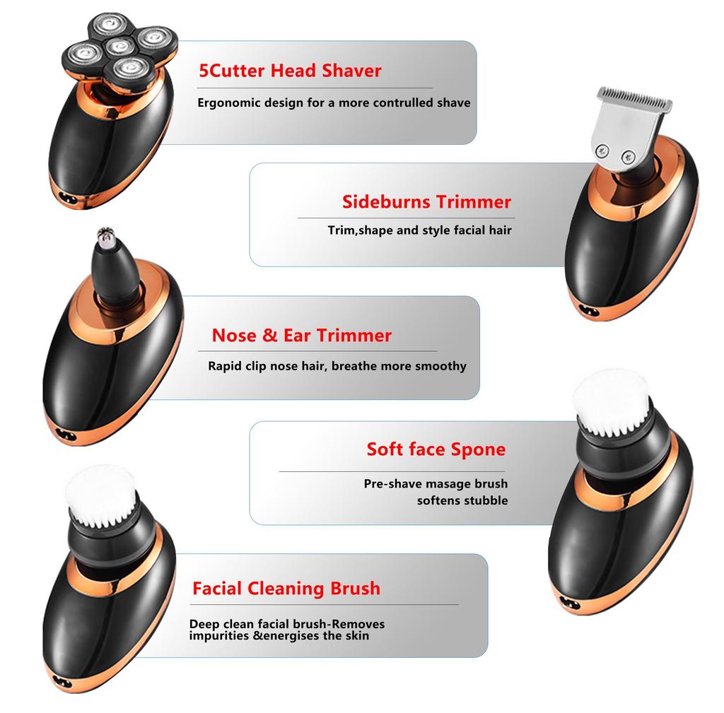 5-in-1 Waterproof Intelligent Razor 1PCS Men's Shaving Bald Head 7-Blade Electric Razor Multi-Functional Barber Set