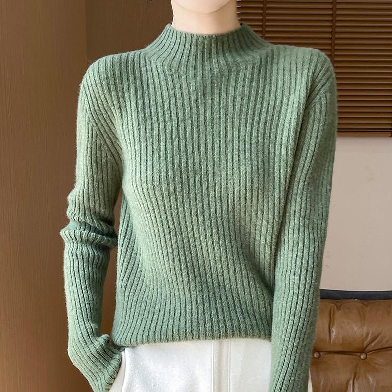 Women's Cashmere Striped Slimming Knit Sweater - Half-High Neck Autumn/Winter Base Layer