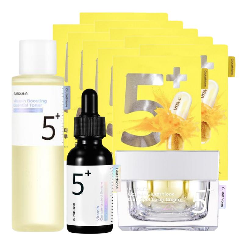 numbuzin No.5 Glutathione Brightening Skincare Set (Toner 200ml + Trace Ampoule 30ml + Laser Cream 50ml + Glutathione Film Pack 10 Sheets)