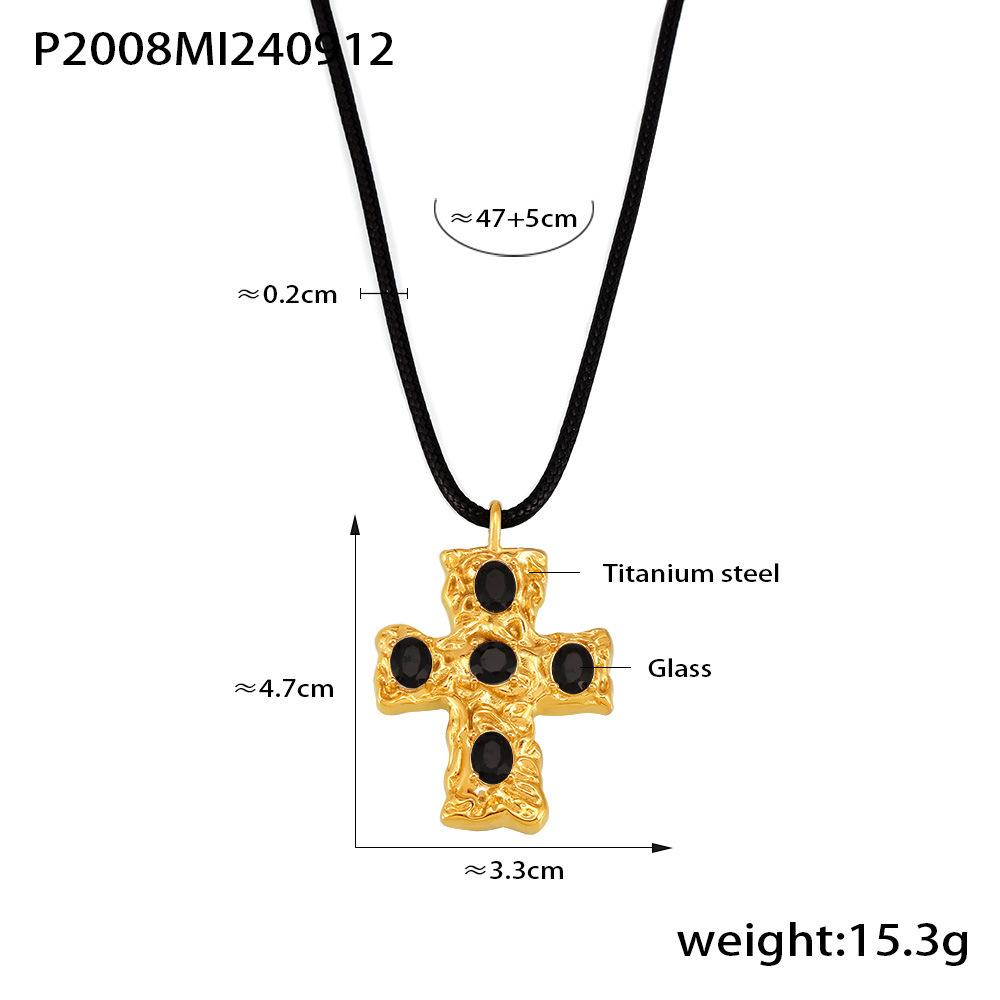 European American Cross-Border Women's Beaten-Texture Glass Cross Necklace Black Cord Stainless Steel 18K Gold-Plated PVD Party