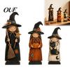 Rustic Wooden Witch Craft for Desk Ornament, Retro Halloween Figurine with Broom/Pumpkin/Black Detailed Carving Cat, Creative Tabletop Centerpiece
