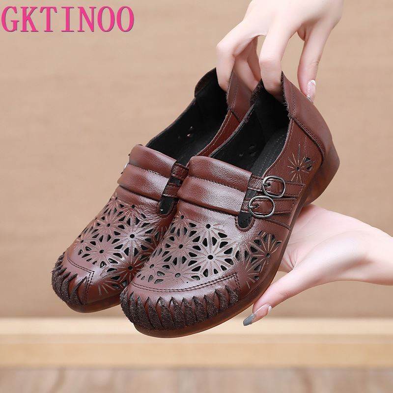Fashion GKTINOO Ladies Genuine Leather Breathable Woman Summer Shoes 2025 Hollow Comfortable Female Flat Shoes Women Handmade Sandals