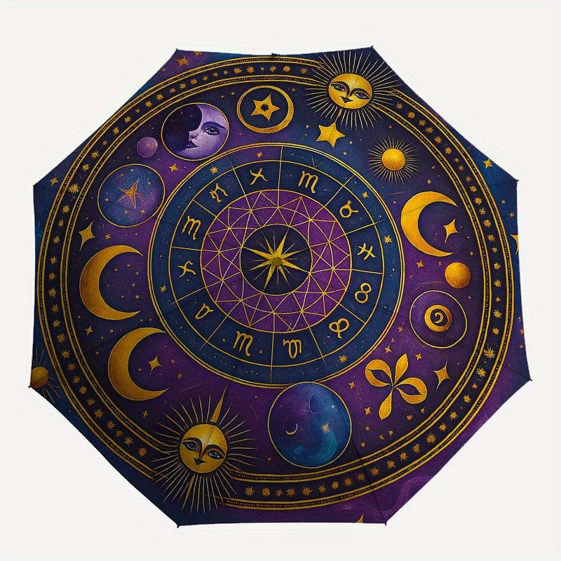 Astrological Wheel of the Zodiac: Celestial Symbols and Constellations Umbrella, Cute Umbrella with Cute Design, Portable 3-Fold Compact Umbrella for