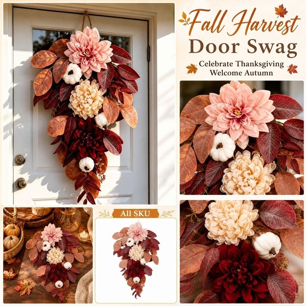 Fall Pumpkin Maple Leaf Wreath for Front Door Thanksgiving Decor Inch