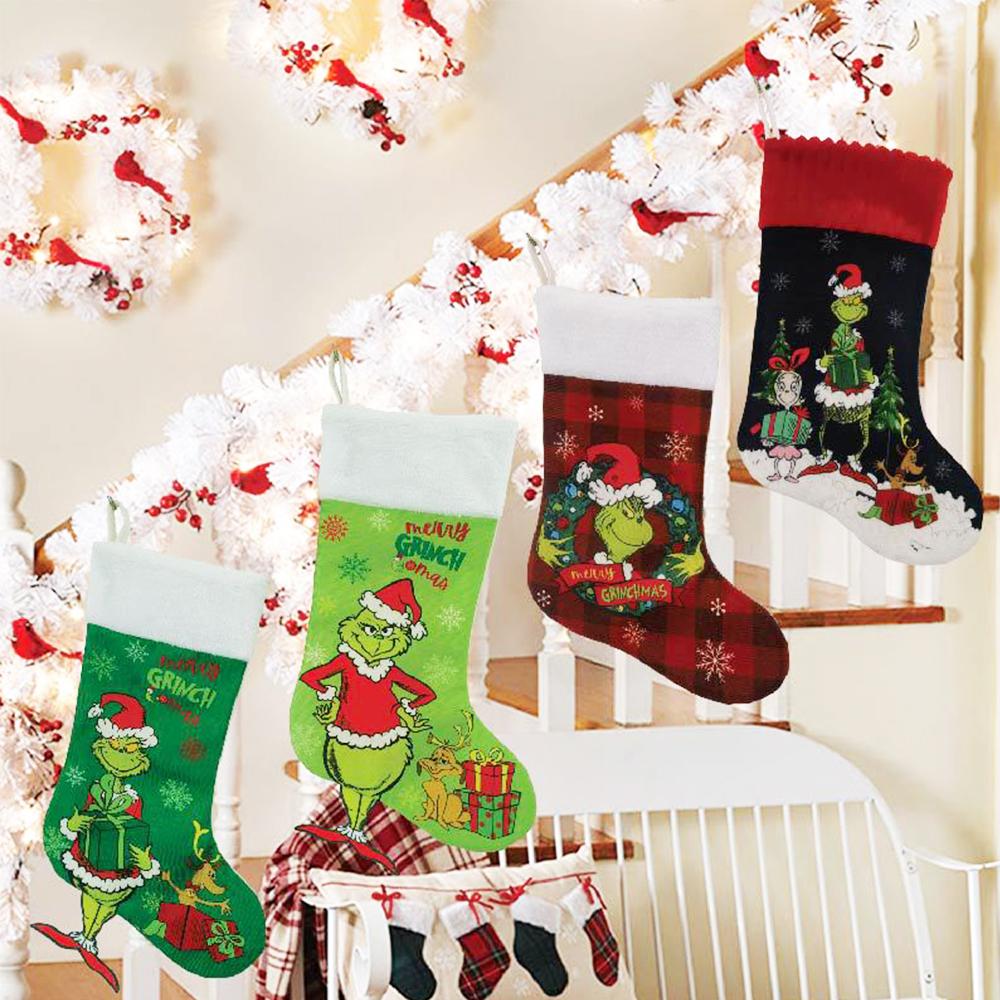 4pcs Grinch Christmas Stockings for Xmas  Fireplace Xmas Tree Hanging Decor