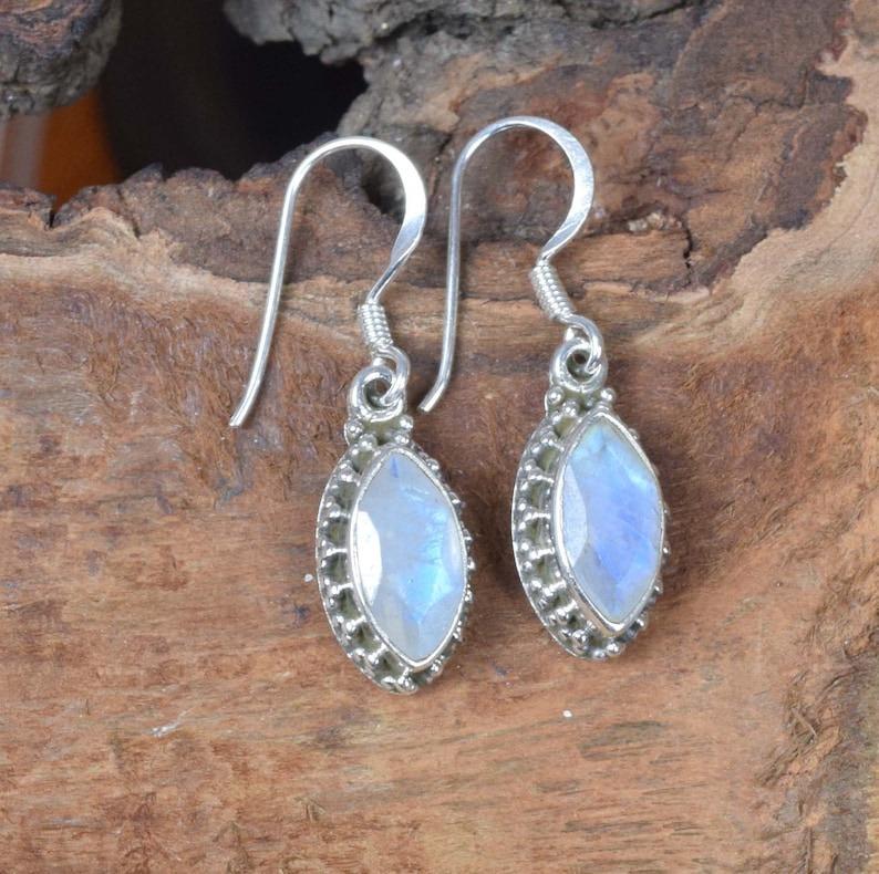 Solid 925 Sterling Silver Moonstone Gemstone Handmade Boho Designer Earrings Gift For Her