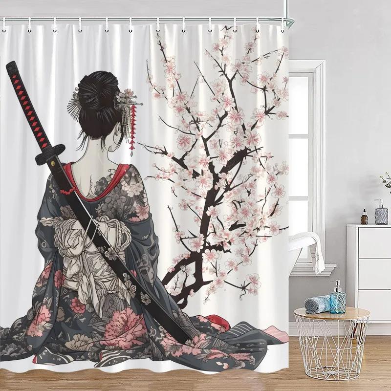 Japanese Style Flowers Bird Shower Curtain Beautiful Girl Red Floral Abstract Mountain Ink Art Landscape Decor Bathroom Curtains