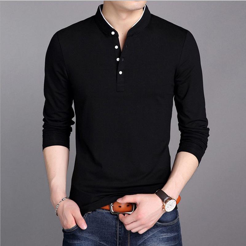 Youth Men's Trendy Long-Sleeve Stand-Up Collar Polo Cotton Shirt
