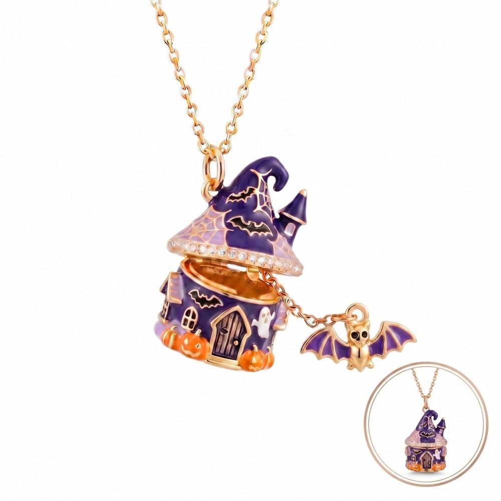 Copper Halloween Necklace Enamel Craft Ghost Necklace Pumpkin House Necklace Halloween Party