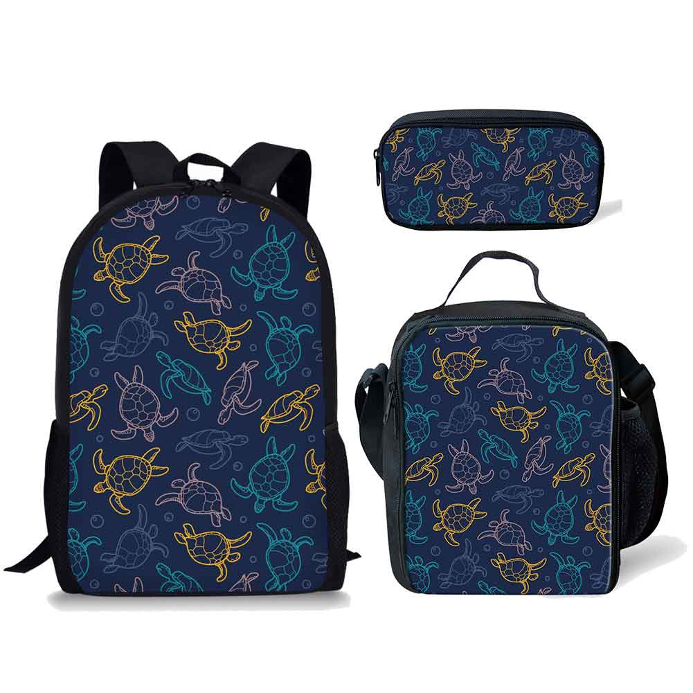 Classico Divertente Fresco Piccola Tartaruga Fantasia Stampa 3D 3pz/Set zaini per studenti Zaino per Laptop Zaino giornaliero Borsa per il pranzo Astuccio