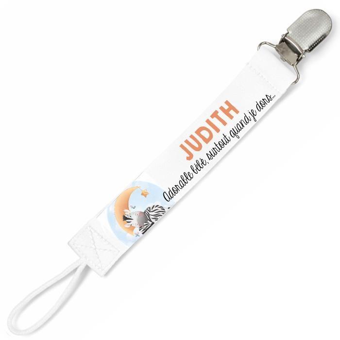 Planetee Attache tétine pour prénom JUDITH adorable bébé surtout quand je dors Zèbre | Attache sucette cadeau naissance