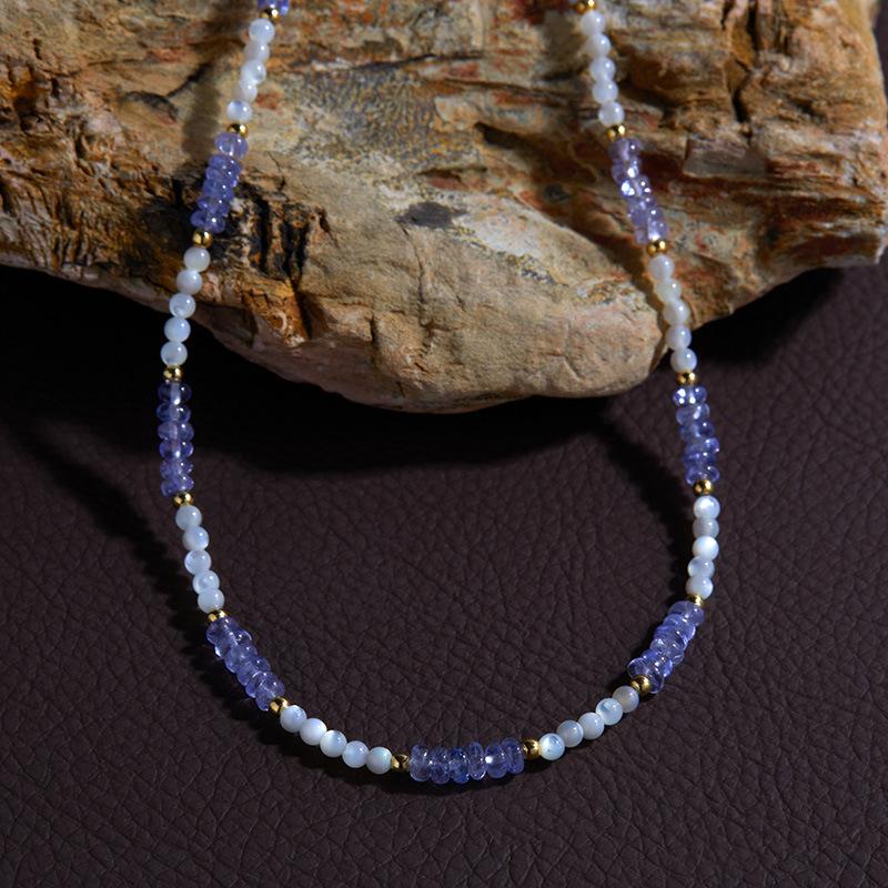 Original Design Handmade String S925 Sterling Silver Natural Tanzanite White Fritillary Necklace Women'S Simple And Elegant Clavicle Chain