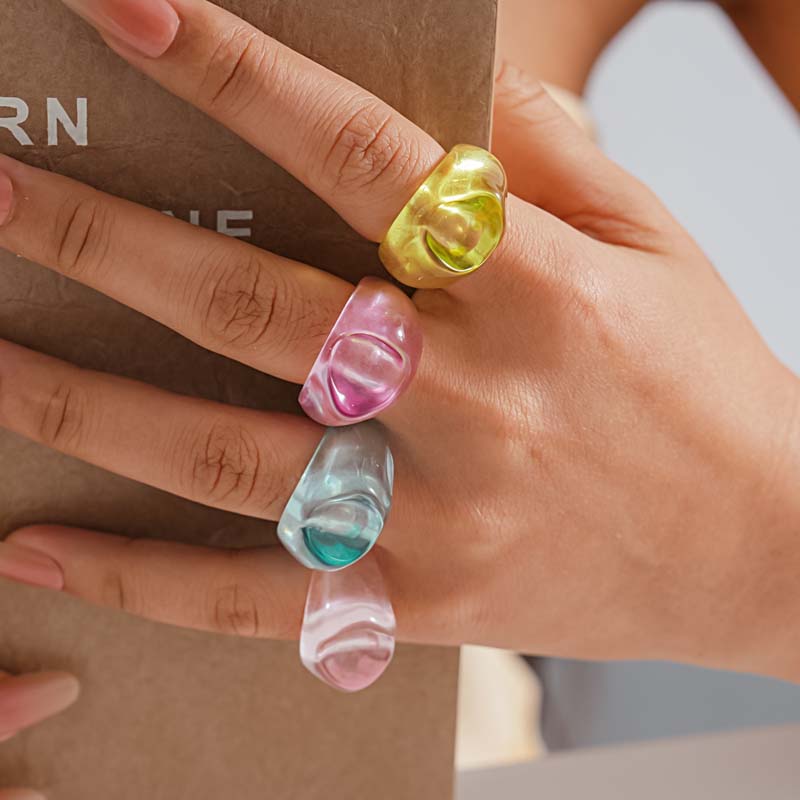 4Pcs/Set Korean Colorful Resin Oval Rings Set For Women Fashion Geometric Finger Rings Aesthetic Jewelry Accessories