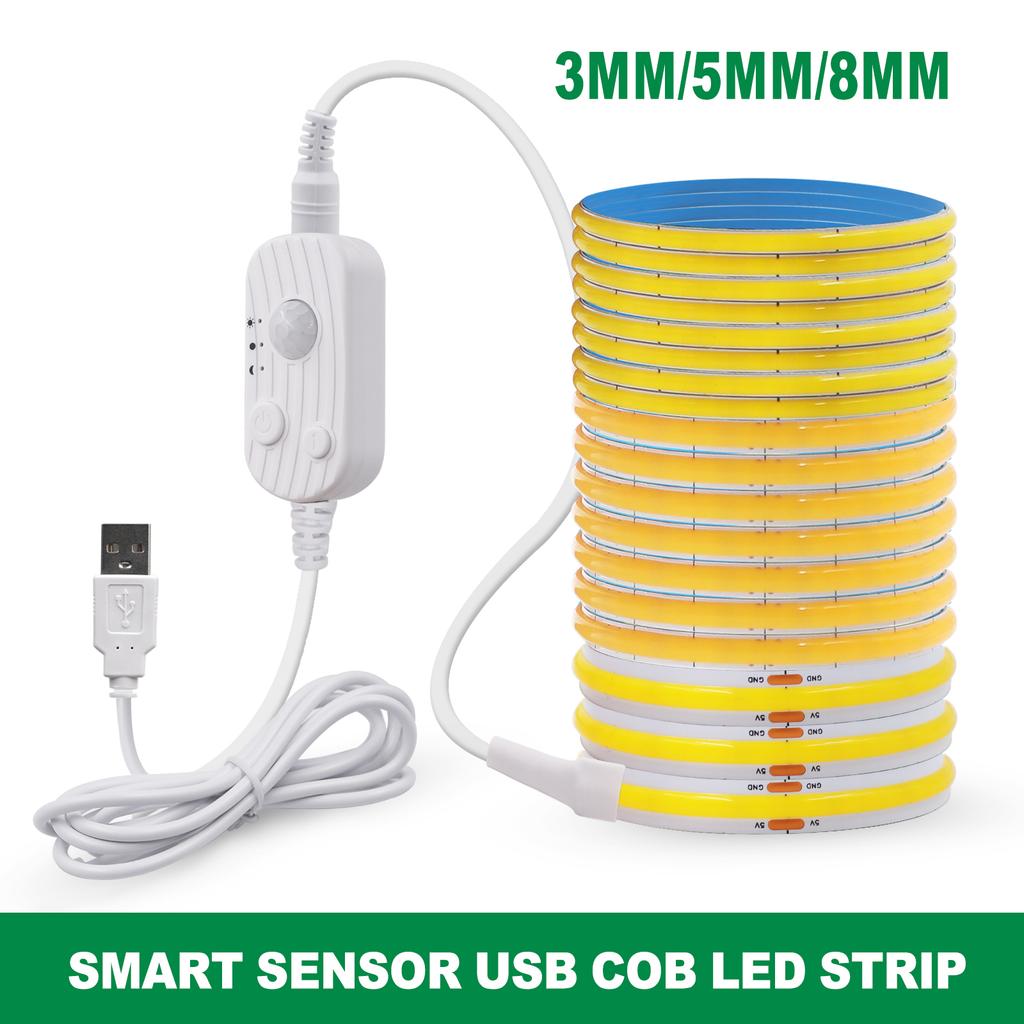 PIR Hareket Sensörlü USB 5V COB LED Şerit 3MM 5MM 8MM 320LED/M Yüksek Yoğunluklu Esnek FOB LED Bant 3000K-6000K Şerit Halat Işıkları