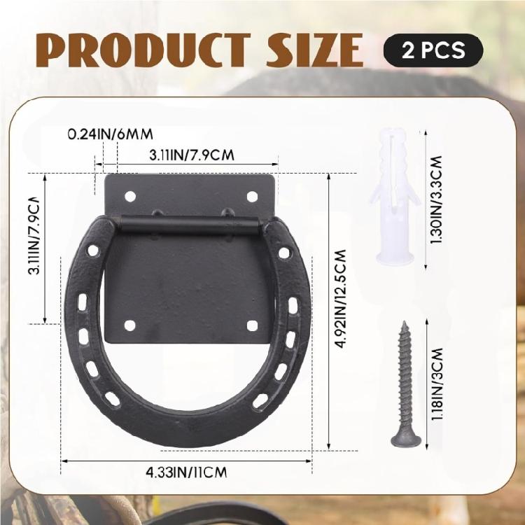 2Pcs Horseshoe Crosses Ties Down Solid Metal Horse Tie Rings with Expansion Screws Quick Install Horse Care Equipment