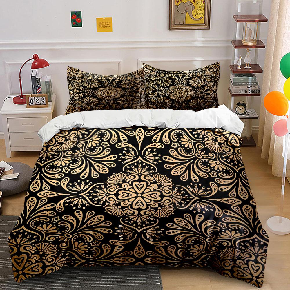 3Pcs Gold Damask Vintage Floral Duvet Cover Set Black Luxury Baroque Bedding Includes 1 Duvet Cover And 2 Pillowcase Gift