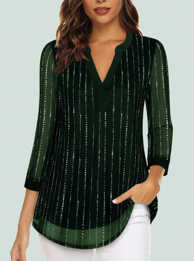 Women's European & American V-neck 3/4 Sleeve Printed Chiffon Loose Plus Size Top