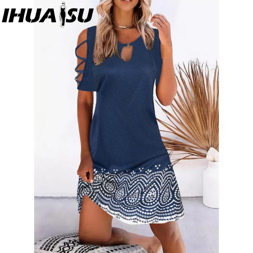 

IHUASU 13 Color Women Floral Print Dress Summer Sexy Short Sleeve O-Neck Mini Dresses Female Vintage Elegant Dress XL