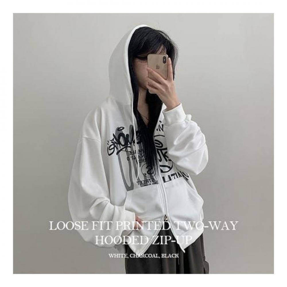 The Pink Bamin Oversized Printing Two Way Hooded Zip Up 3color