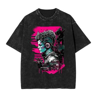 Cyber Punk Washed T Shirt Mens Fun Game Y2K Funny Casual T-shirts Crew Neck Tees Print Oversized Tops