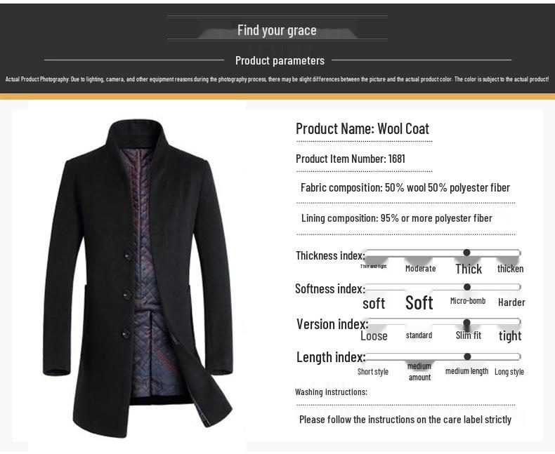 Middle-Aged Men's Korean Style Slim-Fit Woolen Overcoat for Autumn and Winter