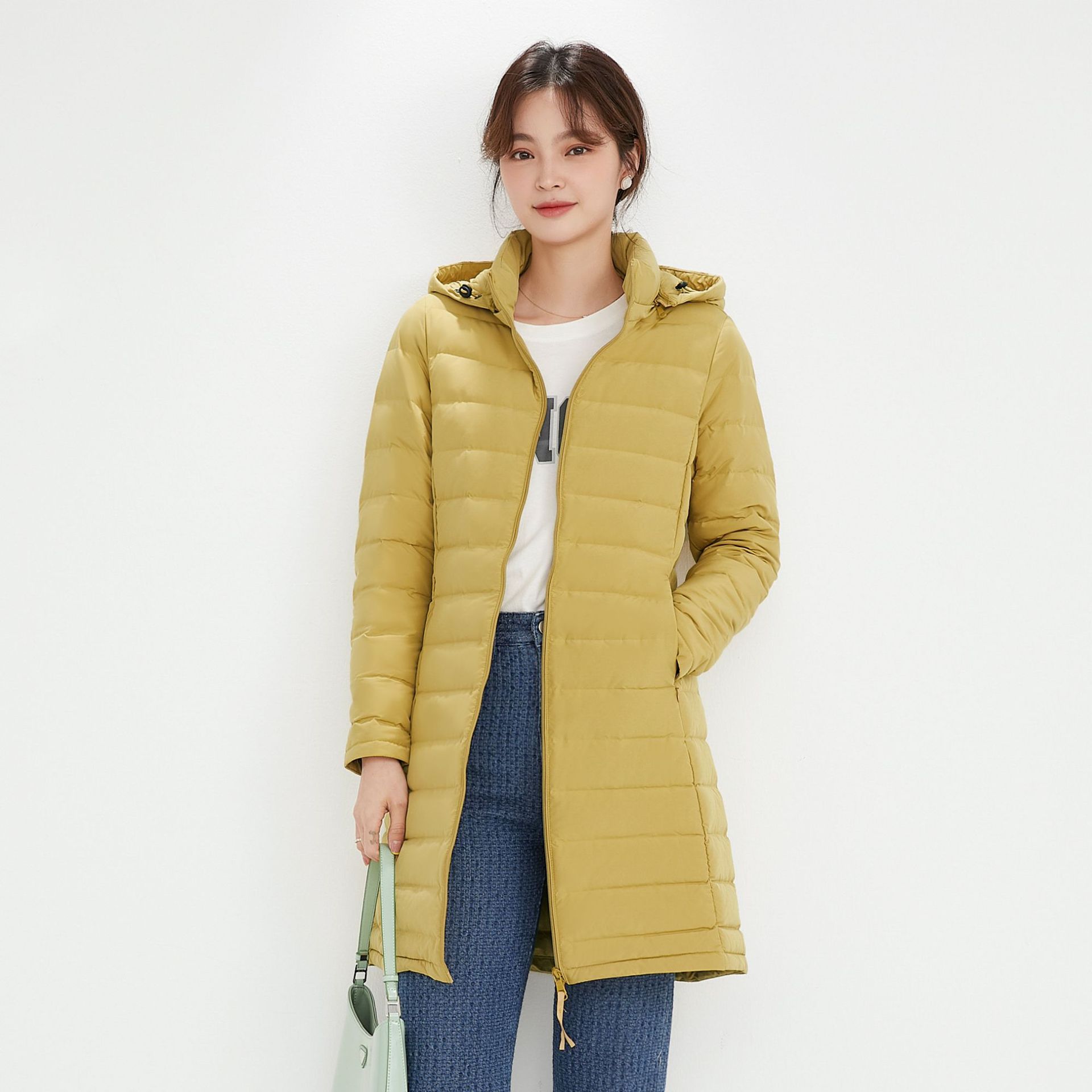 

Feather New Женская 90-флисовая однотонная женская одежда с капюшоном и бесшовная куртка-пуховик с капюшоном Куртка среднего и длинного размера большого размера S жёлтый