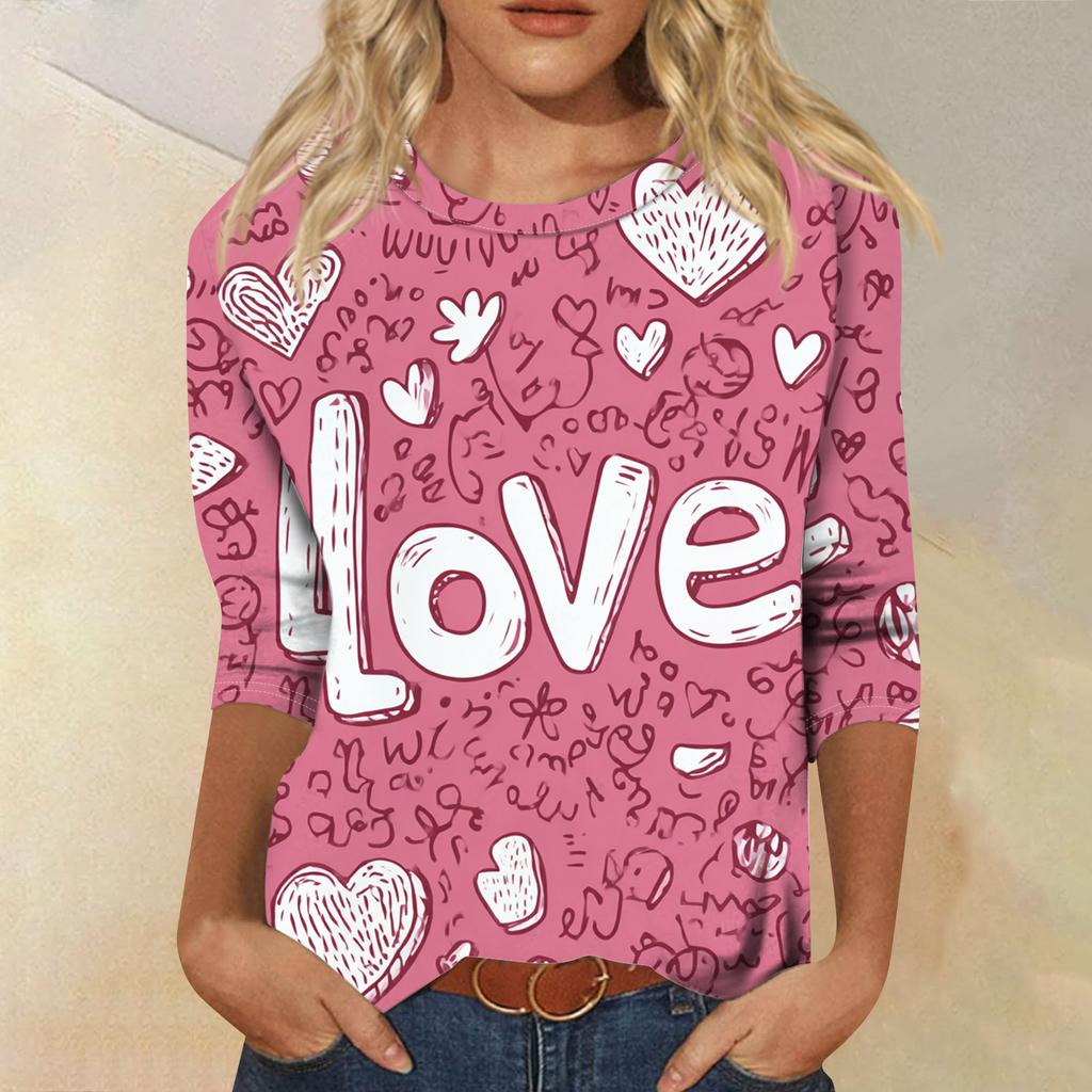 Damen Modisches Lässiges Dreiviertelarm Valentinstag-Druck Rundhals Pullover-Oberteil