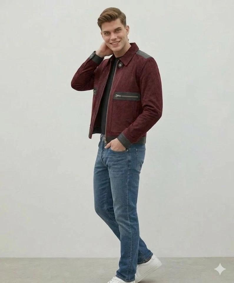Stylish Men's Biker Handmade Suede Lambskin Leather Motorcycle Jacket Burgundy