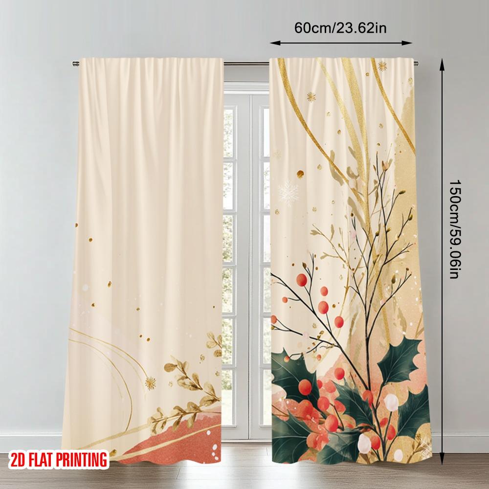 2pcs 2D flat printing Christmas Party Curtains Christmas Holly Berries Sprigs Digital Printed Polyester Drapes Party & Holiday