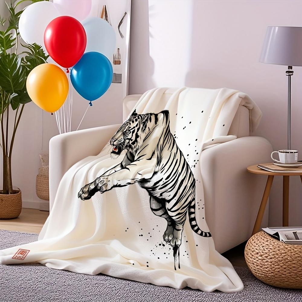 White Tiger Art Throw Blanket Chinese Zodiac Design for Living Room Decor Gift for Him OrientalStyle
