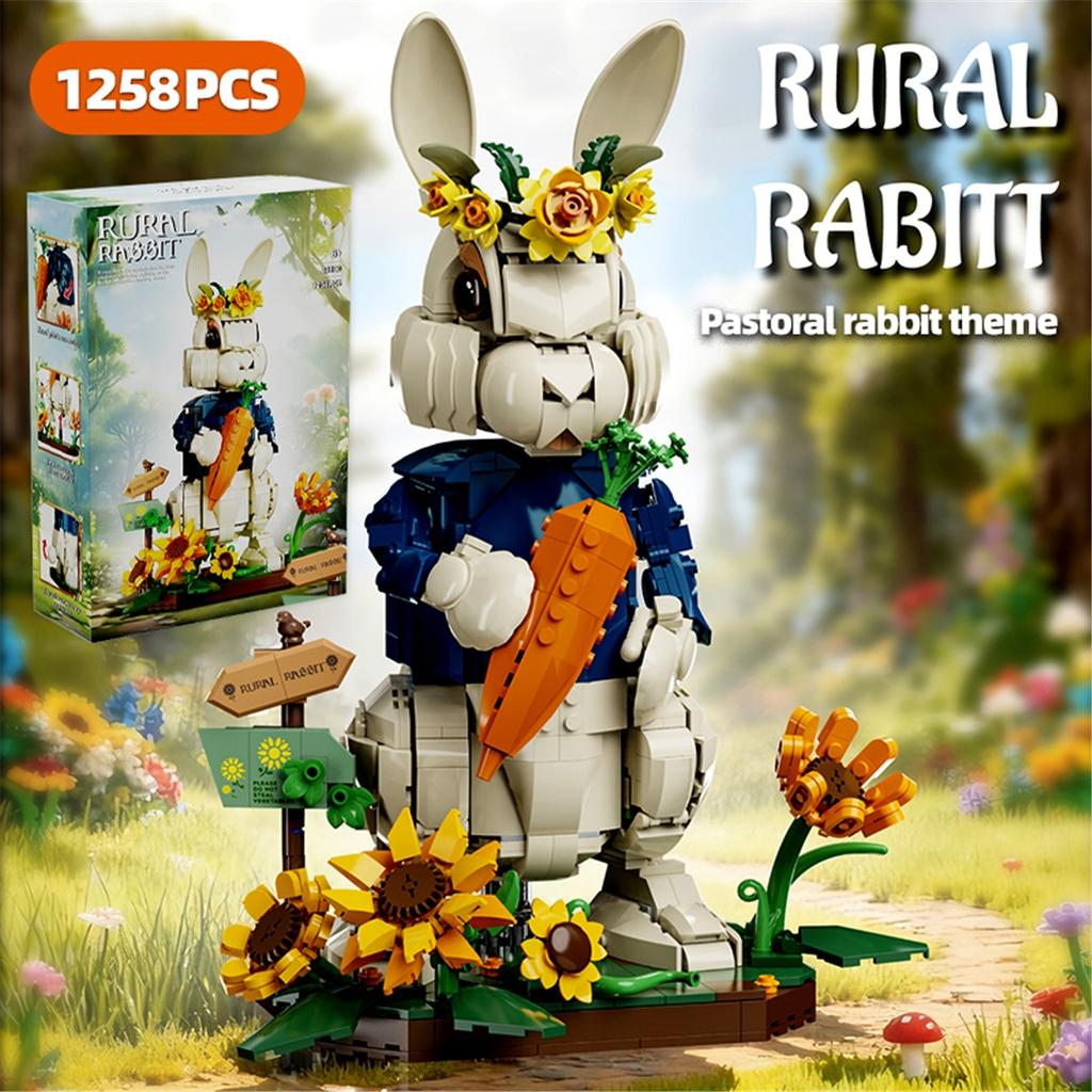Creative architectural building blocks, pastoral style rabbit, 1258 pieces, animal models, home decoration, rural flowers, rabbit, assembly toys
