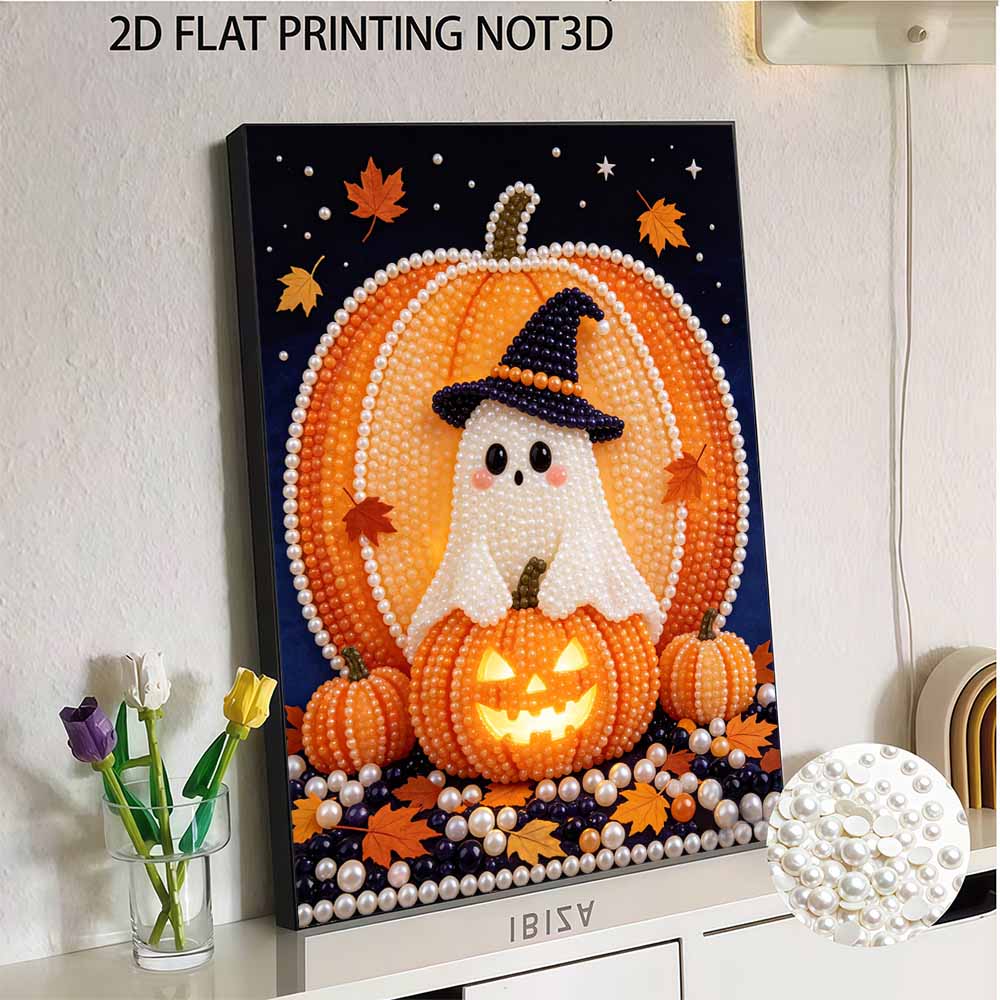 DIY Frameless Pearl Painting Kit Cute Ghost Pumpkin Pattern 3D Shiny Bead Art Canvas Relaxing Creative Craft Gift Holiday Decor