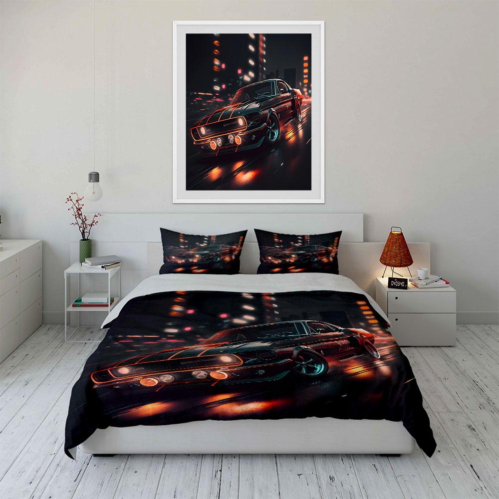 Racing Cars Speeding Through the Night Print Bedding Set 1 Duvet Cover 2 Pillowcases for Adult and Children Luxury Gift