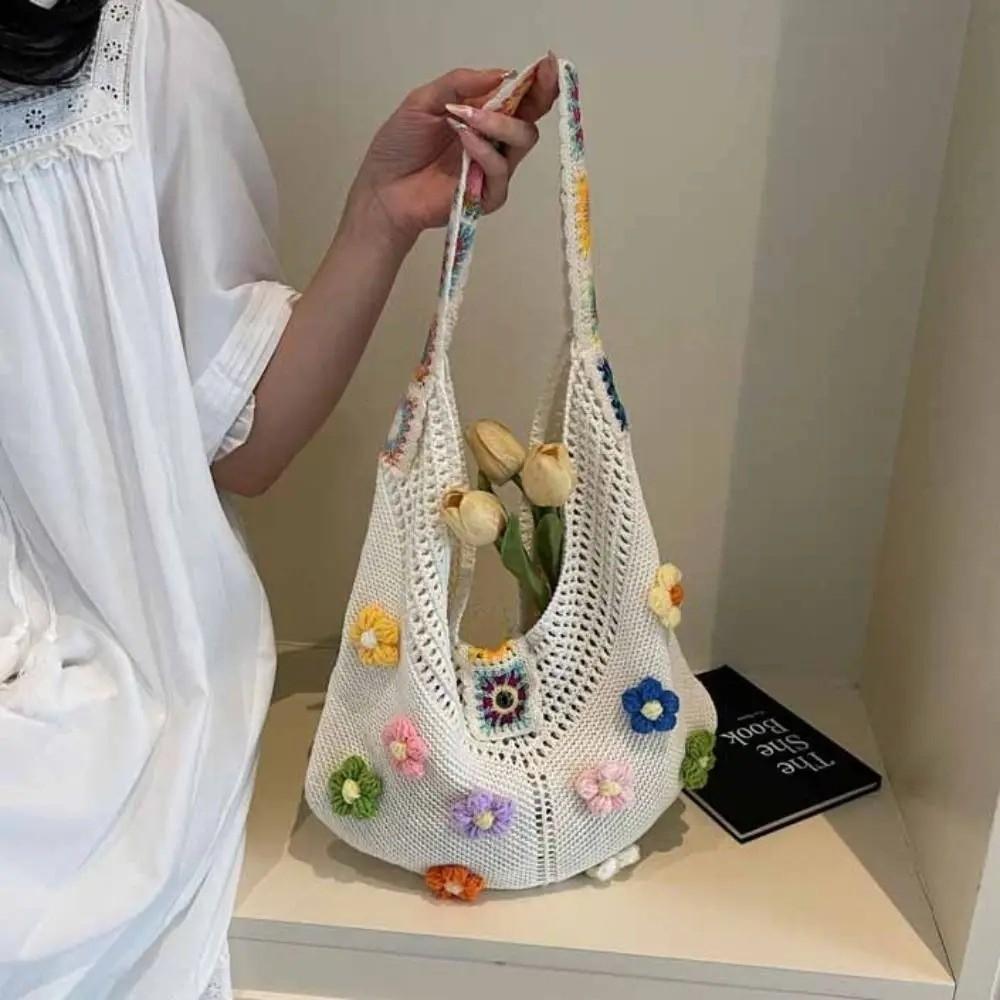 Trendy Hollow Out Woven One-shoulder Bag Flower Design Bohemian Style Beach Bag Tote Bag for Women