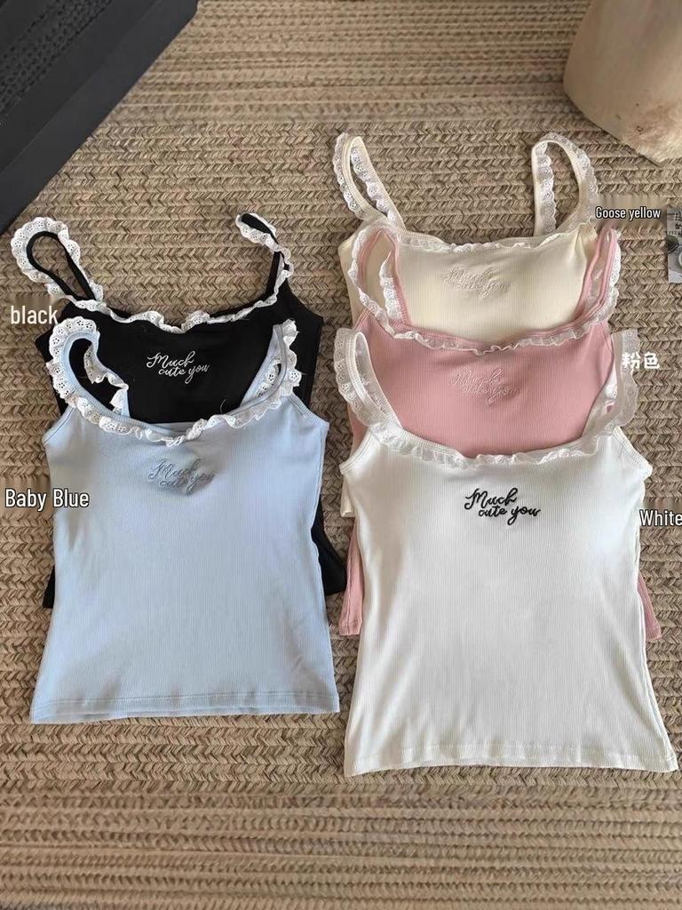 Pleated Camisole Top for Women with Chest Pads, Spicy Girl Embroidery, Lace Trim, Slim Fit, Inner/Outer Wear