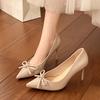 Beautiful 2025 new nude high heels women's stiletto bar mitzvah pointed bow French patent leather shoes