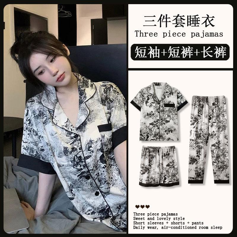 GMXIA Sommermode Pyjama Damen Kurzarm Dreiteiliges Set, Baumwollähnlich Cartoon Student Hauskleidung, Kann Draußen Getragen Werden