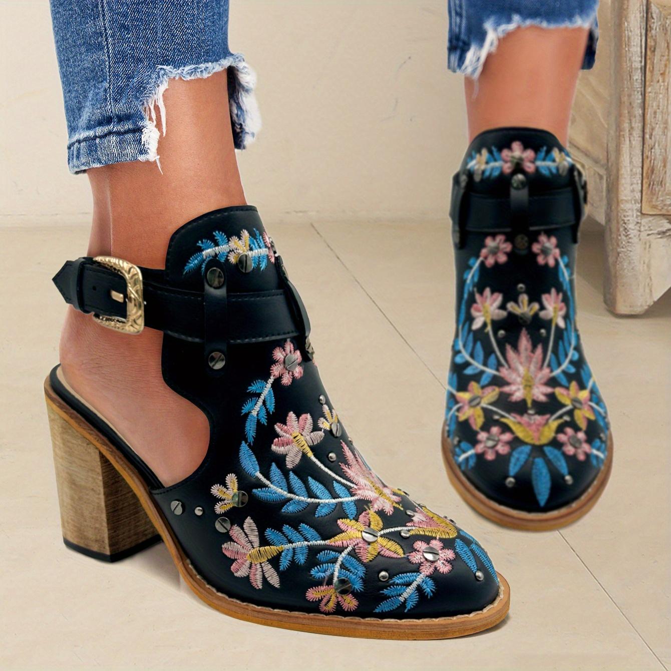 

[Vintage Ankle Boots] 2025 New Chunky Heel Ankle Boots | Women s Pointed Toe Floral Vintage Style with Comfortable Open Back Strap 38 чорний