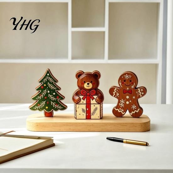 Desktop Christmas Tree Decor Wooden Ornaments, Vintage Colorful Decoration, Rustic Holiday Wood Figurines Miniature Snowman Figures with Pine