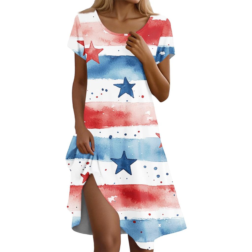 Short Sleeve Boho Dress For Women Casual Loose Fit Summer Sundress Print Dress With Pockets